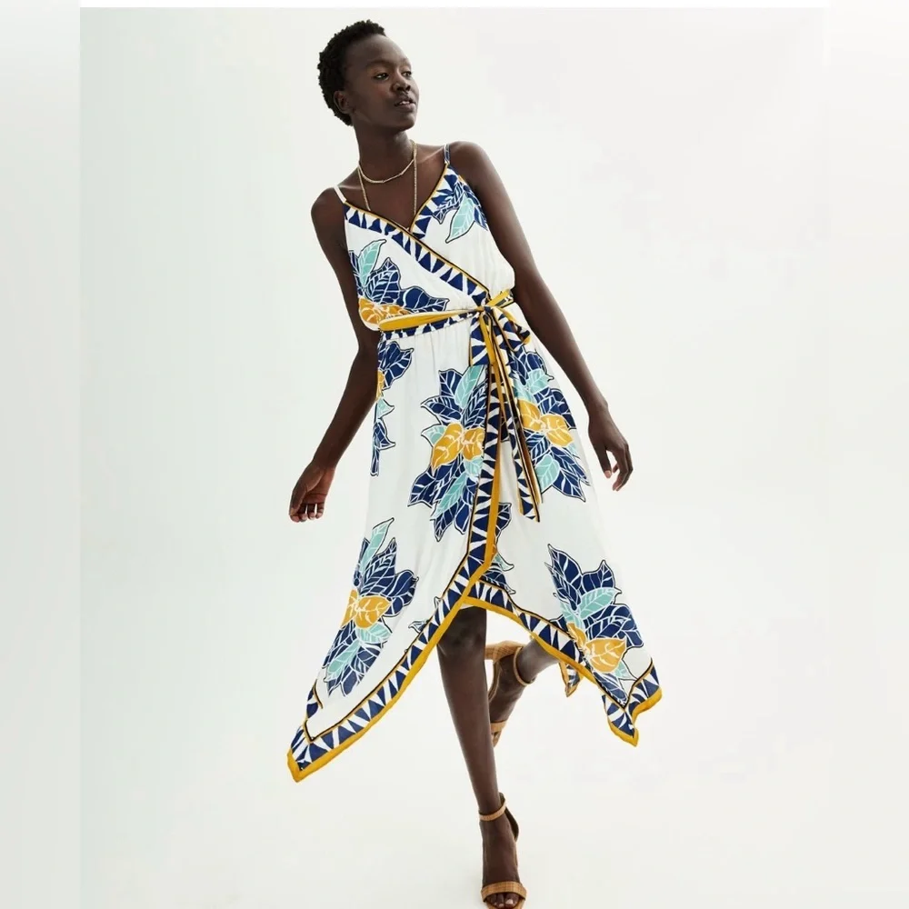 Nine West Asymmetrical Belted Dress in Blue and Yellow XL NWT - Picture 6 of 7